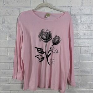 Jess & Jane Top Womens 1X Pink Floral Graphic  3/4 Sleeve Stretch